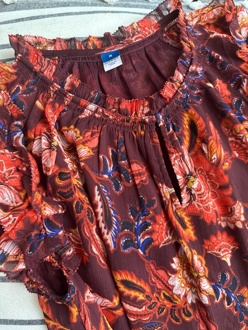 Old Navy Maroon Floral Peasant Blouse with Red Orange and Blue Accents